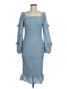 NWT Pretty Garden MediumBlue Smocked Midi Dress with Ruffle Hem
